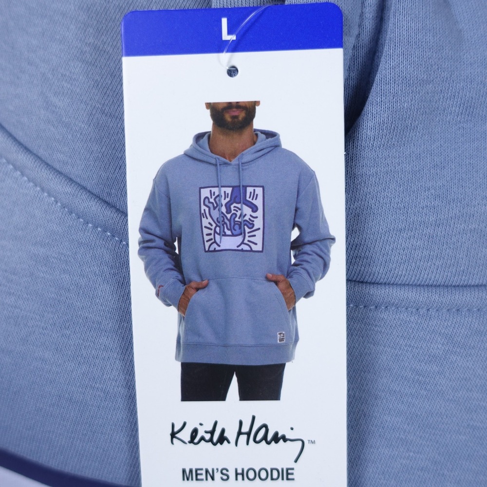 Keith Haring Hoodie Men Large Art Style Graphic Pullover Blue Pocket NWT